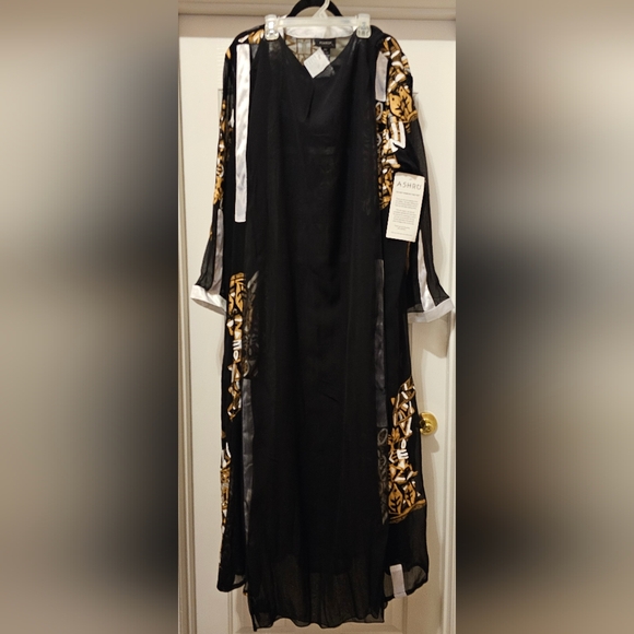 NWOT Ashro Black/Cream/Gold Nubian Dress w/Sheer Over Coat and Scarf - Picture 7 of 7